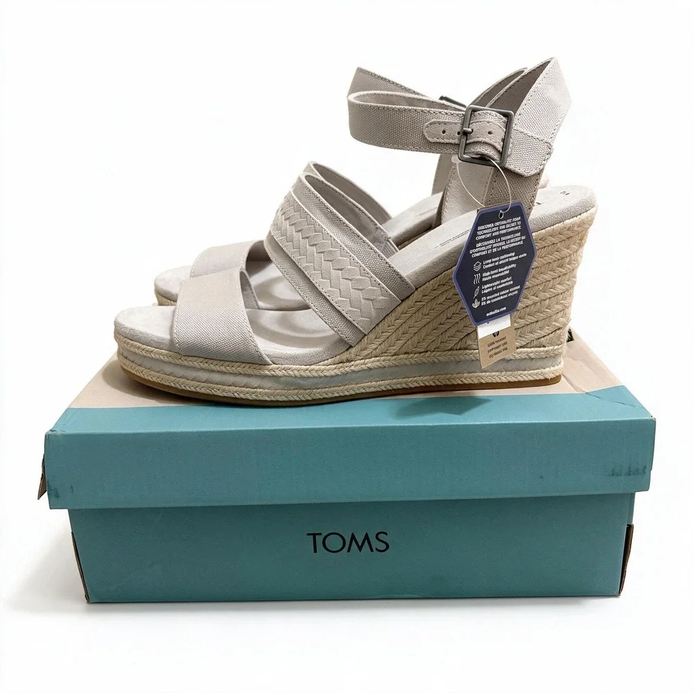 NEW TOMS Madelyn Pebble Grey Wedge Sandals Sz 12 Canvas Braided Suede Espadrille